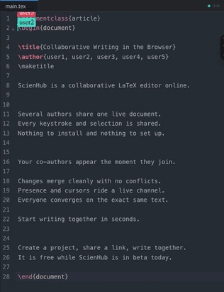 多人在 ScienHub 中实时协作编辑同一份 LaTeX 文档